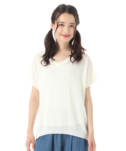 Honeys（ハニーズ）の「Ｖネックプルオーバー（ニット・セーター・レディース・オフ/クロ/オフ×コン/グリーン/オレンジ・Ｍ/Ｌ）」の2枚目の写真