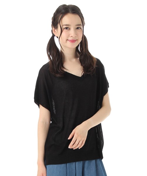 Honeys（ハニーズ）の「Ｖネックプルオーバー（ニット・セーター・レディース・オフ/クロ/オフ×コン/グリーン/オレンジ・Ｍ/Ｌ）」の3枚目の写真