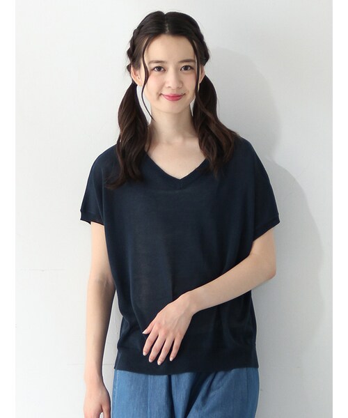 Honeys（ハニーズ）の「Ｖネックプルオーバー（ニット・セーター・レディース・オフ/クロ/オフ×コン/グリーン/オレンジ・Ｍ/Ｌ）」の4枚目の写真