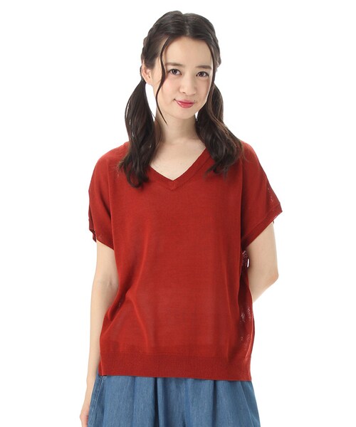 Honeys（ハニーズ）の「Ｖネックプルオーバー（ニット・セーター・レディース・オフ/クロ/オフ×コン/グリーン/オレンジ・Ｍ/Ｌ）」の5枚目の写真