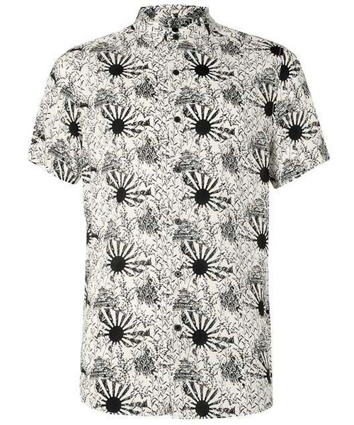 TOPMAN(トップマン)の「Off White and Black Sun Print Viscose Short Sleeve Casual Shirt(シャツ/ブラウス・メンズ・White・XXS/XS/S/M/L/XL/XXL)」の1枚目の写真