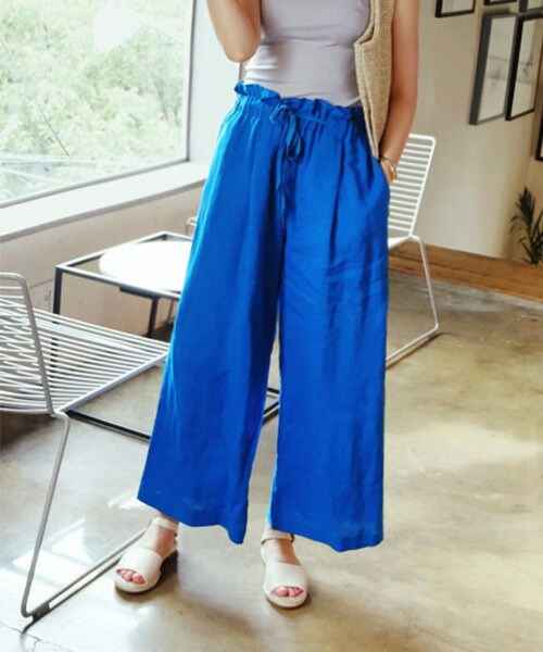 DHOLIC（ディーホリック）の「リネン素材ウエストギャザーワイドパンツ（その他パンツ・レディース・ライトオレンジ/ダークブルー/ホワイト/ブラックグレー/サーモンピンク・FREE）」の4枚目の写真