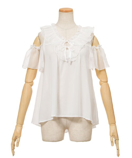 mon Lily(モンリリィ)の「オープンショルダーフリルブラウス(トップス・レディース・ホワイト/ピンク/ブラック・M/L)」の1枚目の写真