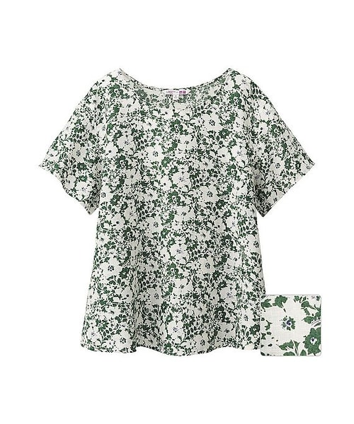 UNIQLO（ユニクロ）の「WOMEN リバティロンドンプレミアムリネンTブラウス（半袖）（シャツ/ブラウス・レディース・GRAY 07/GREEN 55・XS/M/L/S/XL）」の2枚目の写真