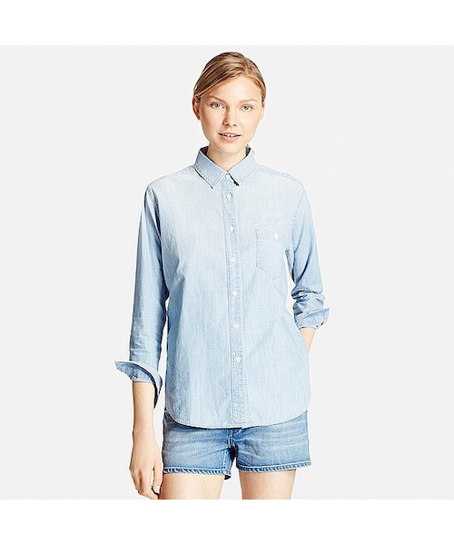 UNIQLO（ユニクロ）の「WOMEN デニムロングシャツ（長袖）（シャツ/ブラウス・レディース・NAVY 69/BLUE 63・XS/XXL/XL）」の2枚目の写真