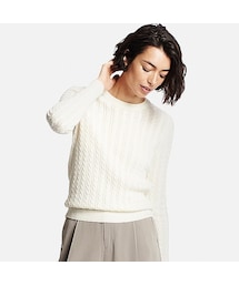 UNIQLO | WOMEN コットンカシミヤケーブルクルーネックセーター（長袖）/size：L(ニット/セーター)