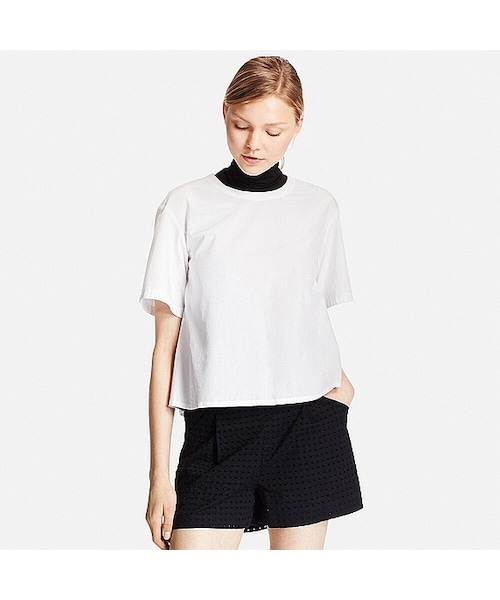 UNIQLO（ユニクロ）の「WOMEN エクストラファインコットンフレアブラウス（半袖）（シャツ/ブラウス・レディース・NAVY 69/ORANGE 24/WHITE 00・M/L/XL/XXL/3XL/S）」の2枚目の写真