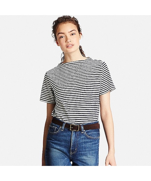 UNIQLO（ユニクロ）の「WOMEN スラブボーダーモックネックT（半袖）（Tシャツ/カットソー・レディース・LIGHT GRAY 02/BLUE 68/BLUE 67・L/XL/M）」の2枚目の写真