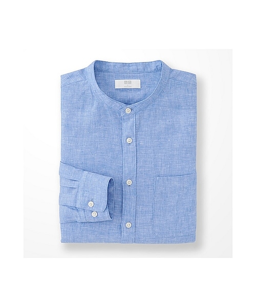 UNIQLO（ユニクロ）の「MEN プレミアムリネンスタンドカラーシャツ（長袖）（シャツ/ブラウス・メンズ・NAVY 69/BLUE 64/WHITE 00・L/S/M/XL）」の3枚目の写真