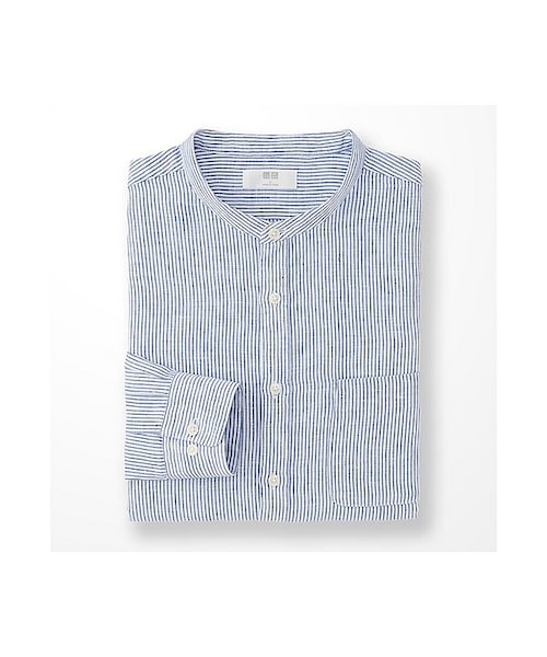 UNIQLO（ユニクロ）の「MEN プレミアムリネンスタンドカラーシャツ（長袖）（シャツ/ブラウス・メンズ・DARK GRAY 08/BLUE 67・L）」の2枚目の写真