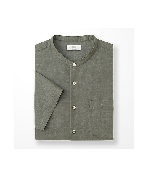UNIQLO（ユニクロ）の「MEN リネンコットンスタンドカラーシャツ（半袖）（シャツ/ブラウス・メンズ・BLUE 63/WHITE 00/DARK GRAY 08/GREEN 54/NAVY 69・XL/S/M/L）」の4枚目の写真