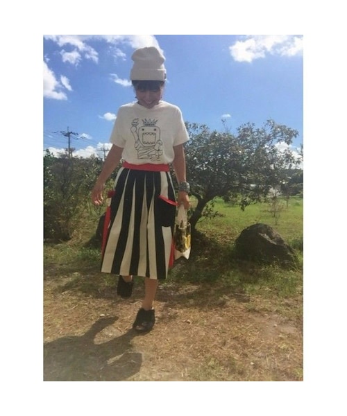 NIRAME.CO（ニラメッコ）の「お手伝いスカート　ストライプ×レッド（スカート・レディース・その他）」の2枚目の写真