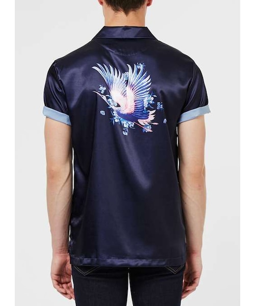 TOPMAN（トップマン）の「Navy Heron Print Satin Feel Short Sleeve Casual Shirt（シャツ/ブラウス・メンズ・Blue・XXS/XS/S/M/L/XXL）」の2枚目の写真