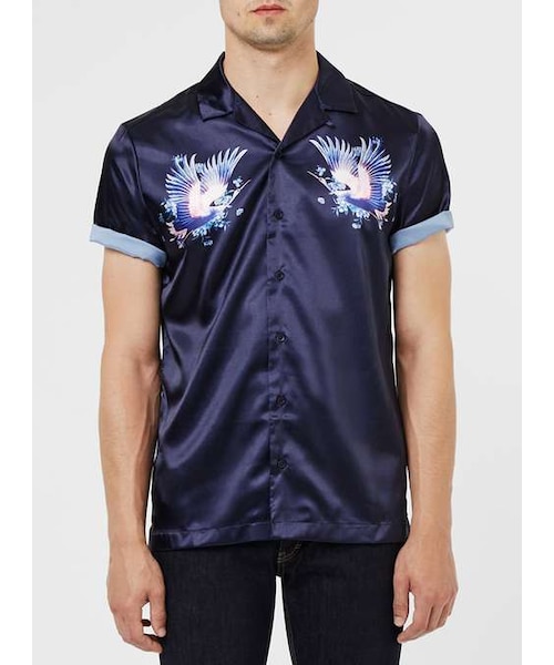 TOPMAN（トップマン）の「Navy Heron Print Satin Feel Short Sleeve Casual Shirt（シャツ/ブラウス・メンズ・Blue・XXS/XS/S/M/L/XXL）」の5枚目の写真