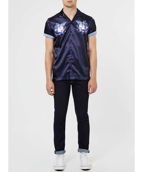 TOPMAN（トップマン）の「Navy Heron Print Satin Feel Short Sleeve Casual Shirt（シャツ/ブラウス・メンズ・Blue・XXS/XS/S/M/L/XXL）」の3枚目の写真