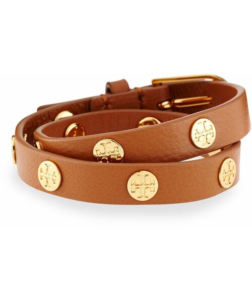TORY BURCH（トリーバーチ）の「Tory Burch Leather Logo-Stud Double-Wrap Bracelet（ブレスレット・レディース・AGED VACHETTA/SHI/Brown/Gold/Gray・One Size）」の5枚目の写真