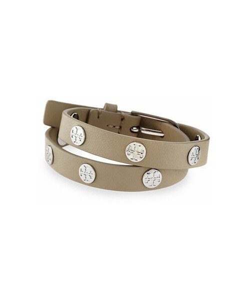 TORY BURCH（トリーバーチ）の「Tory Burch Leather Logo-Stud Double-Wrap Bracelet（ブレスレット・レディース・AGED VACHETTA/SHI/Brown/Gold/Gray・One Size）」の2枚目の写真