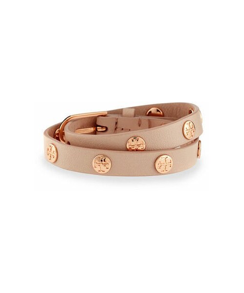 TORY BURCH（トリーバーチ）の「Tory Burch Leather Logo-Stud Double-Wrap Bracelet（ブレスレット・レディース・AGED VACHETTA/SHI/Brown/Gold/Gray・One Size）」の3枚目の写真