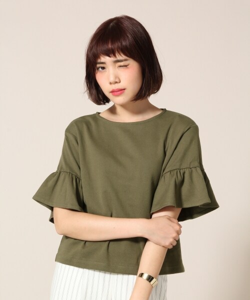 LOWRYS FARM（ローリーズファーム）の「カリフォルニアソデフリルプルオーバー（トップス・オフ/ブラック/ボーダー/グレー/テラコッタ/カーキ・M/L）」の4枚目の写真