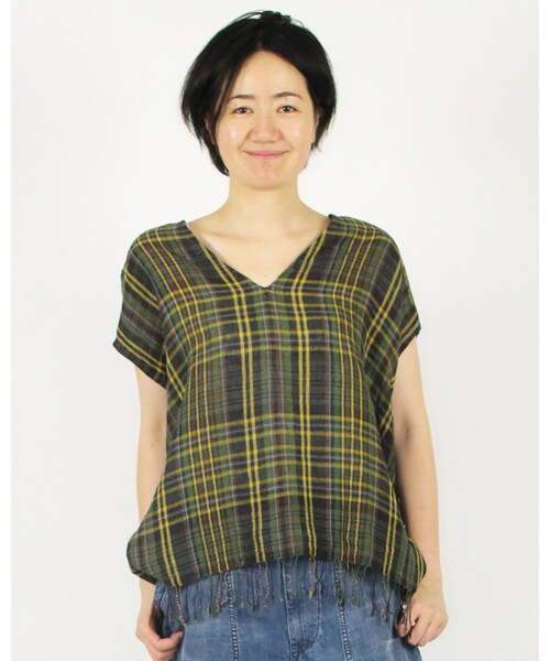 45R（フォーティファイブアール）の「リネンダークマドラスブラウス（トップス・レディース・グリーンチェック/ネイビィチェック・0-フリー）」の3枚目の写真