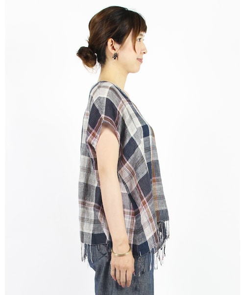 45R（フォーティファイブアール）の「リネンダークマドラスブラウス（トップス・レディース・グリーンチェック/ネイビィチェック・0-フリー）」の8枚目の写真