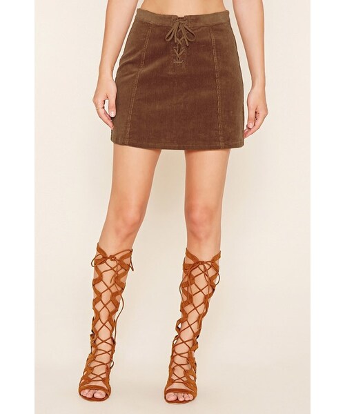 FOREVER 21（フォーエバー トゥエンティーワン）の「FOREVER 21 Corduroy Lace-Up Mini Skirt（スカート・レディース・Brown・S/M/L）」の3枚目の写真