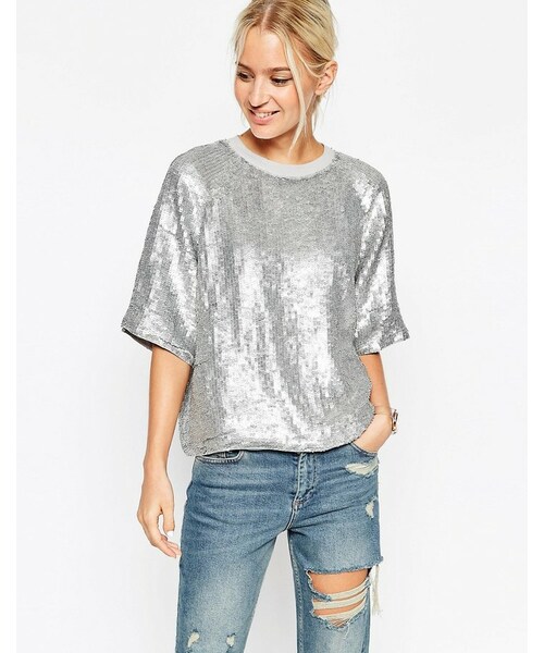 asos（エイソス）の「ASOS COLLECTION ASOS Glitter Sequin Silver Sweat  T-Shirt（Tシャツ/カットソー）」 - WEAR