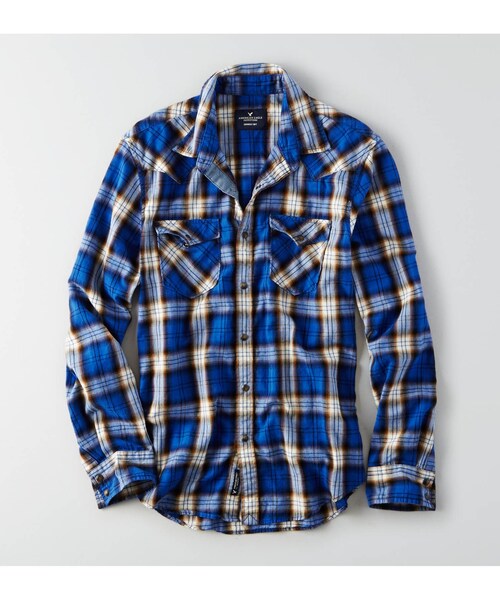 American Eagle（アメリカンイーグル）の「AEOプラッドウェスタンシャツ（シャツ/ブラウス・メンズ・ブルー/ブラウン・XS/S/M/L/XL/XXL/XXXL）」の2枚目の写真