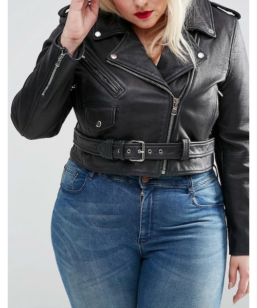asos（エイソス）の「ASOS CURVE Cropped Leather Biker Jacket with Vintage Detail（ライダースジャケット・レディース・washedblack・US 14/US 16/US 18/US 22/US 24）」の3枚目の写真