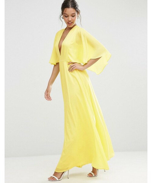 asos(エイソス)の「ASOS Deep Plunge Cape Sleeve Maxi Dress(ワンピース・レディース・Yellow・US 10/US 0/US 4/US 2/US 6/US 8)」の4枚目の写真