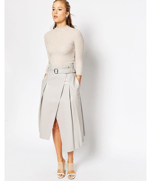 ASOS Midi Skirt In Leather Look With Wrap Detail