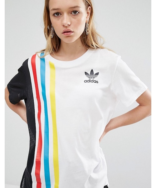 adidas(アディダス)の「Adidas adidas Originals Primary Three Stripe Oversized T-Shirt With Mesh Insert(Tシャツ/カットソー・レディース・White・US 6/US 2/US 10/US 8/US 0/US 4)」の1枚目の写真