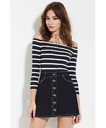 FOREVER 21 | ボーダーオフショルダートップ(トップス)