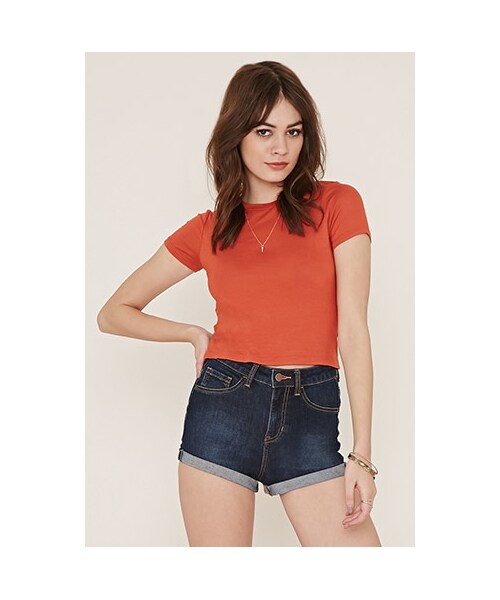 FOREVER 21(フォーエバー トゥエンティーワン)の「ストレッチクロップTシャツ(f21_top_tee・レディース・BLACK/CAYENNE・Small/Medium/Large)」の2枚目の写真