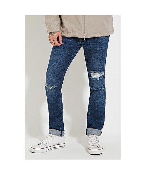 FOREVER 21（フォーエバー トゥエンティーワン）の「ダメージスリムフィットジーンズ（21men_bottom_jeans・メンズ・DENIM WASHED/DARK DENIM・28/30/29/30/30/30/30/32/31/32/32/30/32/32/33/32/34/32）」の2枚目の写真
