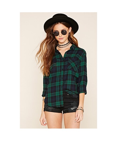 FOREVER 21(フォーエバー トゥエンティーワン)の「タータンチェックシャツ(f21_top_blouse_shirt・レディース・GREEN/NAVY・Small/Medium/Large)」の1枚目の写真