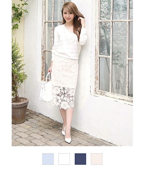 Rocotta by MOERY（ロコッタ）の「Rocotta(ロコッタ) 美丈レースタイトスカート（スカート・レディース・ホワイト/ネイビー/アイスブルー/スモーキーピンク・FREE）」の4枚目の写真