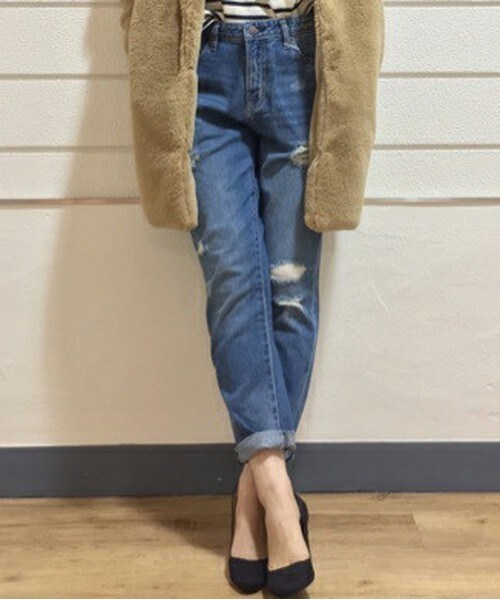 archives（アルシーヴ）の「テーパードダメージパンツ（デニムパンツ・レディース・ネイビー/ロイヤルブルー・SMALL/MEDIUM）」の2枚目の写真