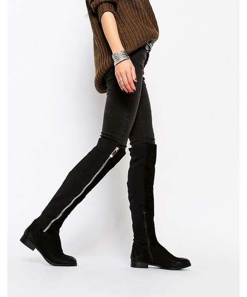 ALDO(アルド)の「ALDO Dyna Black Leather Exposed Zip Knee Boots(ブーツ・レディース・Black・US 8)」の1枚目の写真