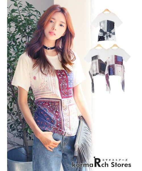 KORMARCH(コマチ)の「バンダナ柄Tシャツ(Tシャツ/カットソー・レディース・ネービー,ピンク,レッド・FREEサイズ)」の1枚目の写真