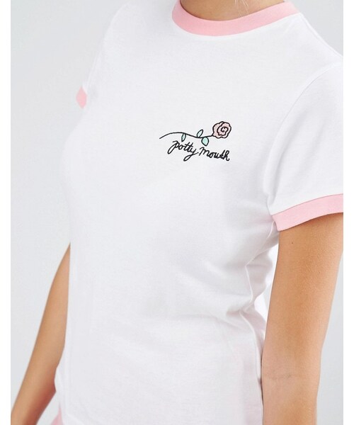 LAZY OAF（レイジーオーフ）の「Lazy Oaf Retro Ringer Tee With Potty Mouth Rose Embroidery（Tシャツ/カットソー・レディース・White・US 6）」の4枚目の写真