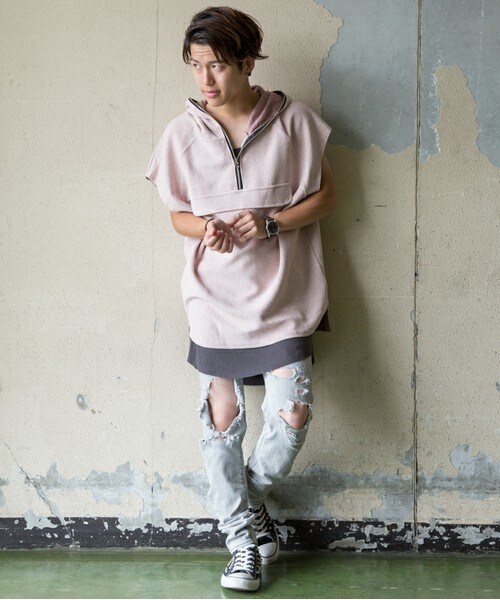 CASPER JOHN AIVER(キャスパージョンアイバー)の「CASPER JOHN AIVER ハーフジップノースリーブプルオーバーパーカー(パーカー・メンズ・グレー/ベージュ/ピンク・FREE)」の12枚目の写真