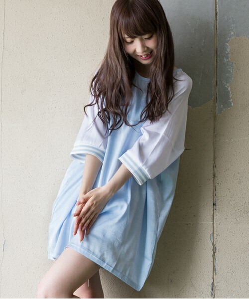 CASPER JOHN AIVER(キャスパージョンアイバー)の「CASPER JOHN AIVER ラインリブスーベニアビッグロングT(Tシャツ/カットソー・メンズ・ブラック/サックスブルー・FREE)」の2枚目の写真