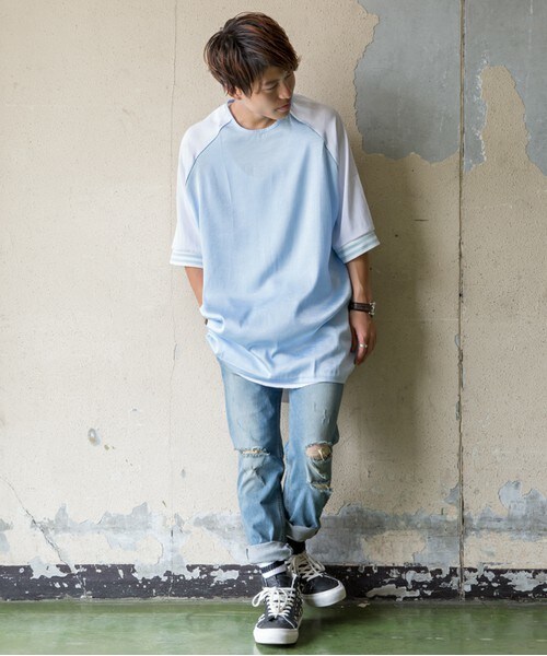 CASPER JOHN AIVER(キャスパージョンアイバー)の「CASPER JOHN AIVER ラインリブスーベニアビッグロングT(Tシャツ/カットソー・メンズ・ブラック/サックスブルー・FREE)」の6枚目の写真