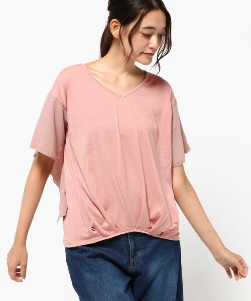 INTERPLANET(インタープラネット)の「異素材タックドレープP/O(Tシャツ/カットソー・レディース・オフホワイト/ブラック/ピンクベージュ・FREE)」の1枚目の写真