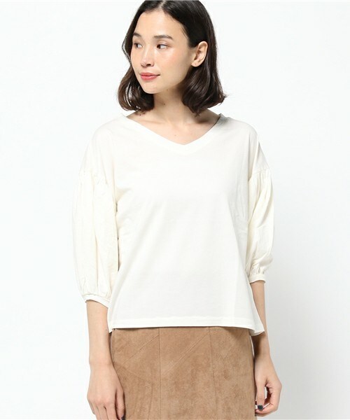 archives（アルシーヴ）の「袖ギャザー両Vプルオーバー（Tシャツ/カットソー・レディース・オフホワイト/ブラック/ピンク・MEDIUM）」の4枚目の写真