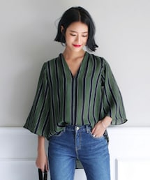 DHOLIC | レジメンタルストライプVネックブラウス(シャツ/ブラウス)