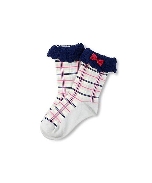BRANSHES（ブランシェス）の「リボン付きチェック柄クルーソックス（ソックス/靴下・キッズ・エンジ/グレー・9-18）」の2枚目の写真