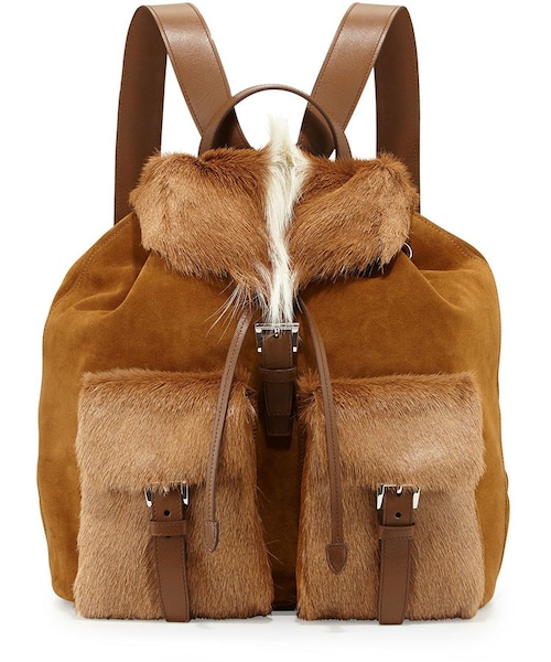 q*q様 プラダ　ファー付きバックパック PRADA（プラダ）の「Prada Springbok-Fur Suede Backpack, Brown/White
