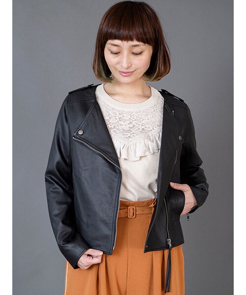 w closet（ダブルクローゼット）の「【先行予約】ノーカラーライダース（ジャケット/アウター・レディース・Lベージュ/ブラウン/ブラック・FREE）」の4枚目の写真